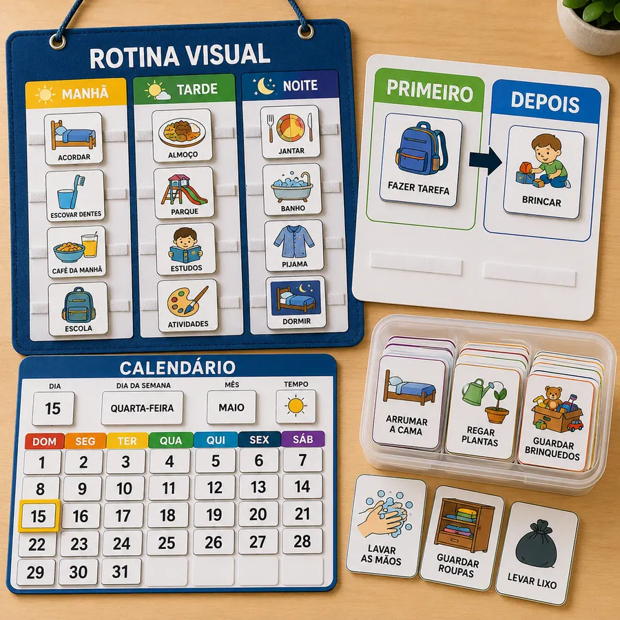 Painéis de rotina visual, primeiro e depois e calendário